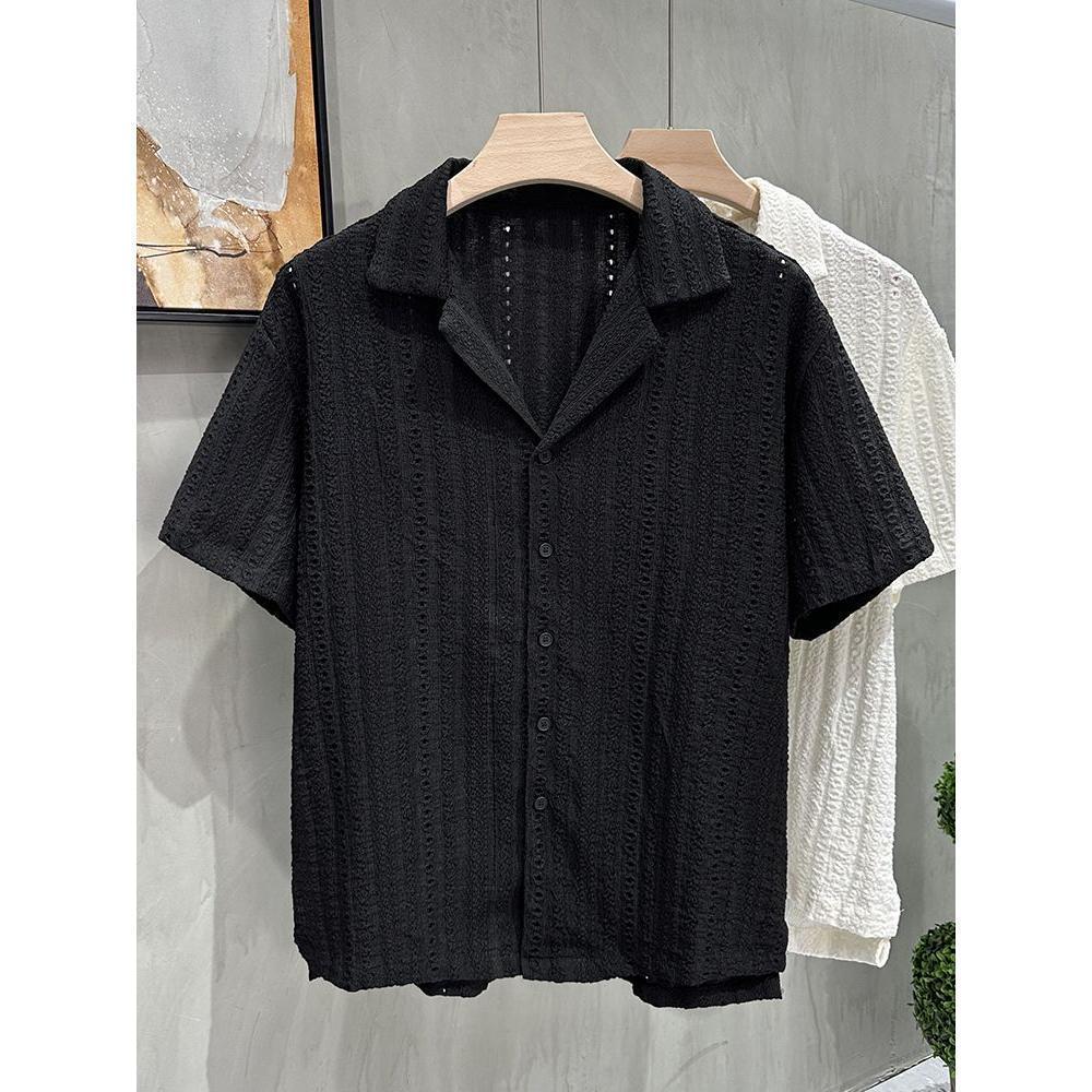 Men's Cool-Feel Cuban Collar Hollow-Out Short-Sleeve Shirt
