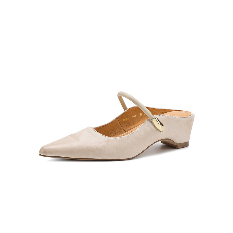 Women's Washed Full Grain Leather Pointed Toe Mary Jane Mules, Low Block Heel Slide Sandals