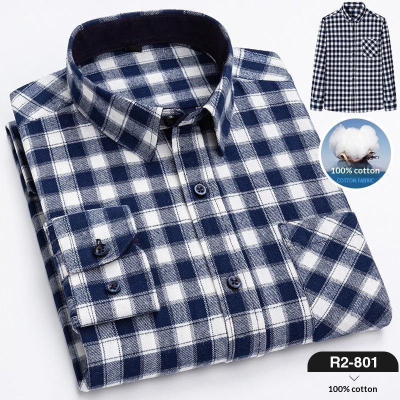 Spring New Mens Casual Fashionable Pure Cotton Brushed Flannel Plaid Long-Sleeve Shirt