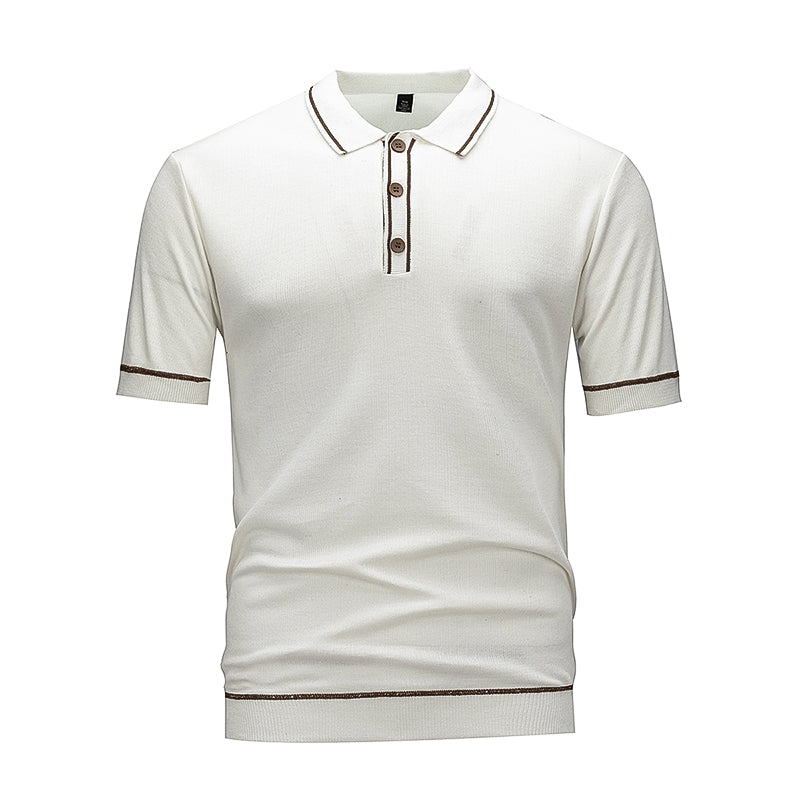 Men's Contrast Trim Knit Polo Shirt, Short Sleeve Casual Button Down Top