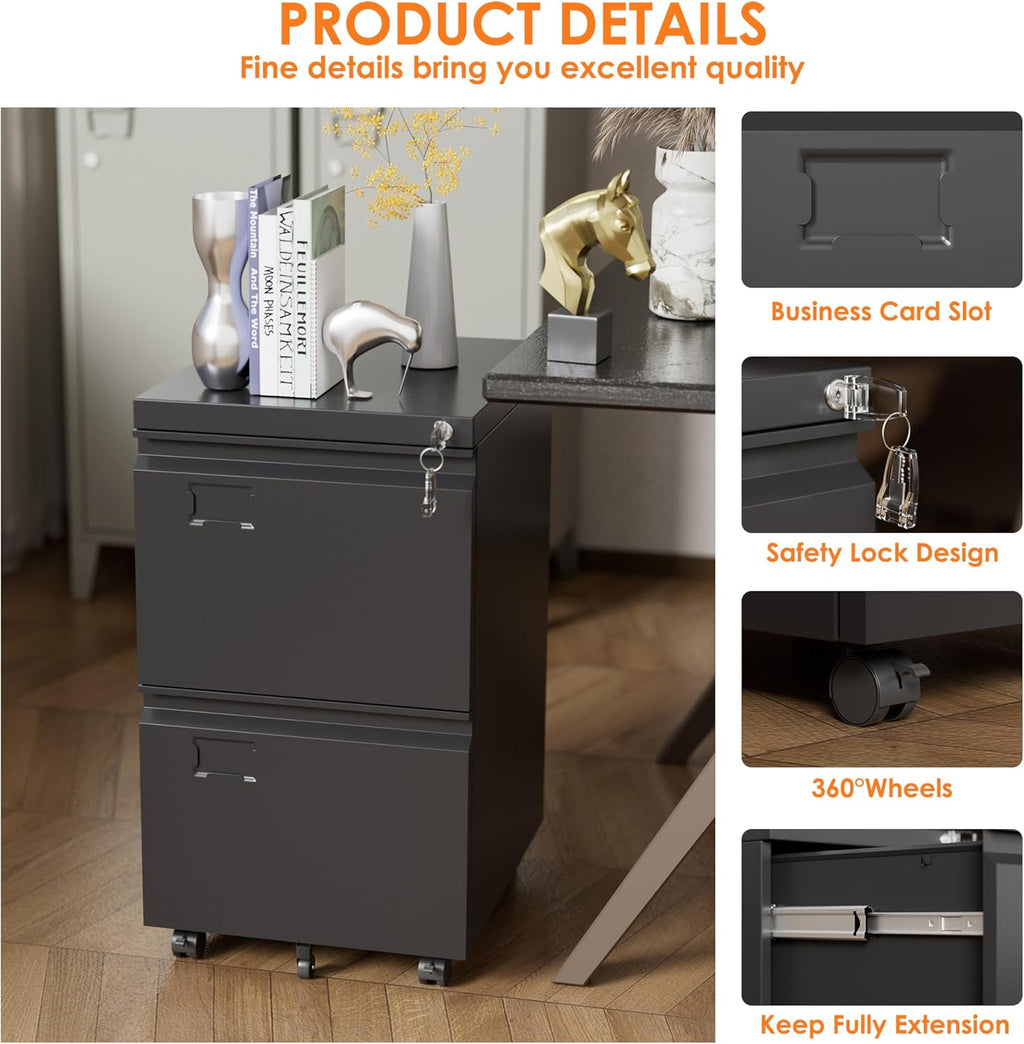 2 Drawer Mobile File Cabinet, Metal Under Desk Cabinet With Lock Name Card Holder For Office Home, Legal Letter Size, Assembly Required