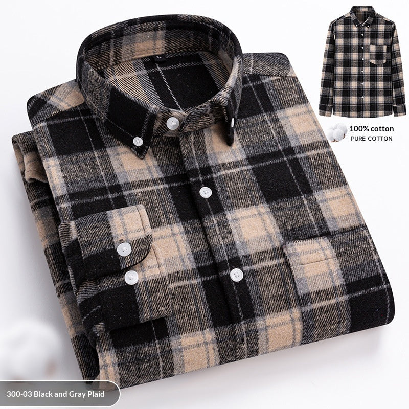 New Fuzzy-Brushed Plaid Mens Shirt Thickened Long-Sleeve Top