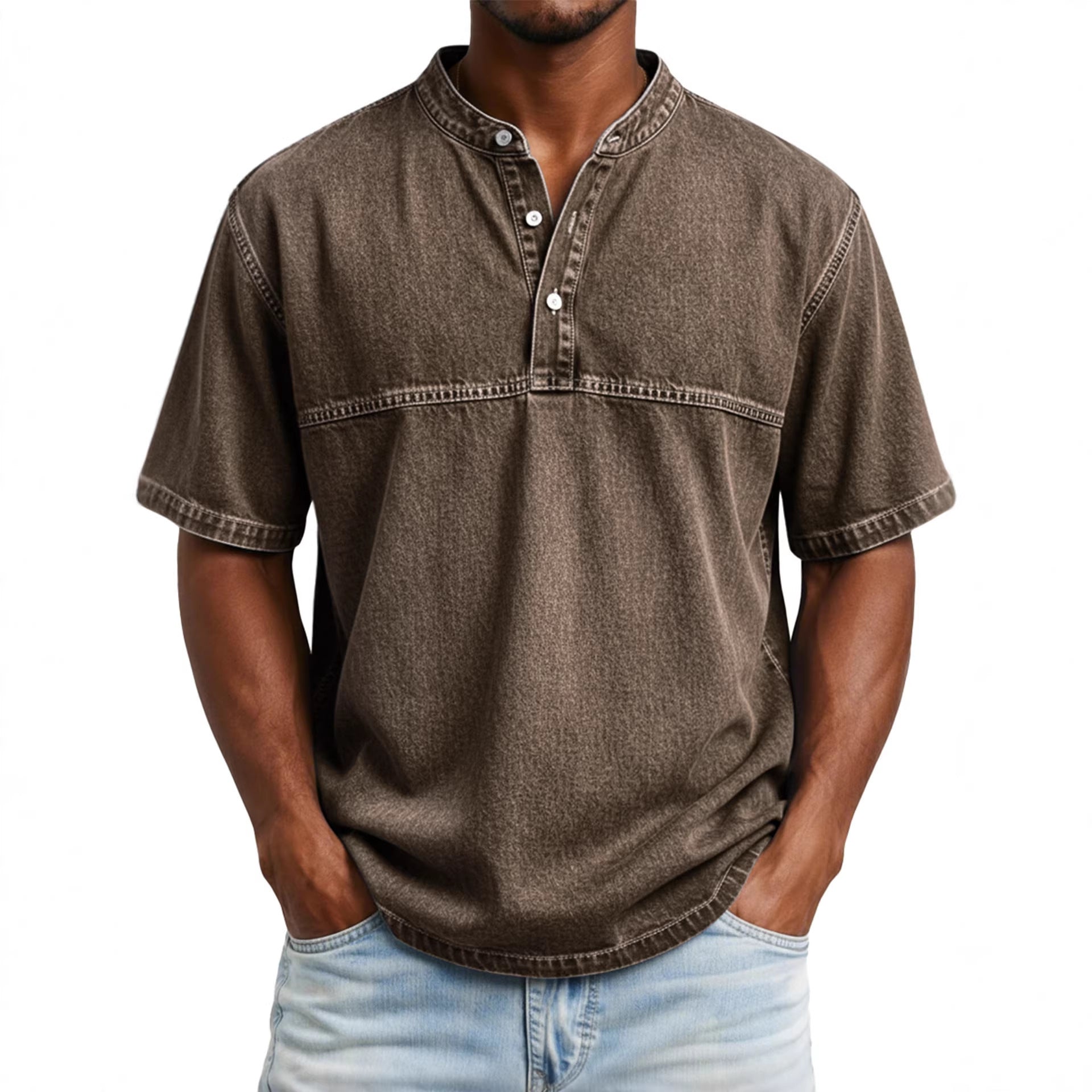 Straight-shoulder Crewneck Three-button Short-sleeve Henley Print Shirt