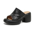 Soft Genuine Lambskin Ruched Block Heel Slides, Ladies Open-Toe Leather Mules