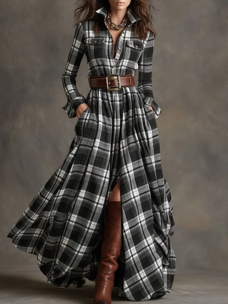 French Vintage Plaid Women Dress