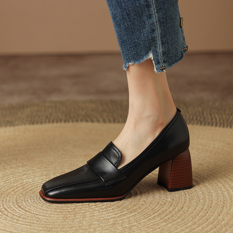 Retro Brown Chunky-Heel Pumps Women's Sheepskin