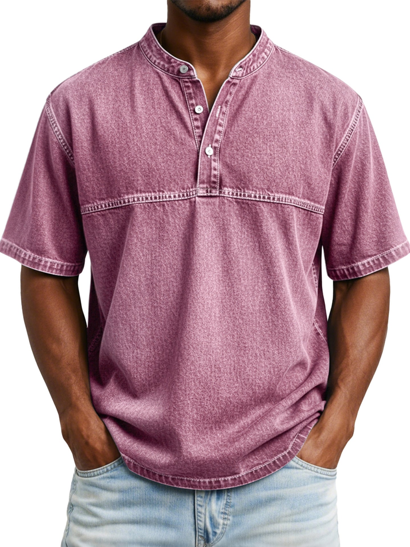 Straight-shoulder Crewneck Three-button Short-sleeve Henley Print Shirt