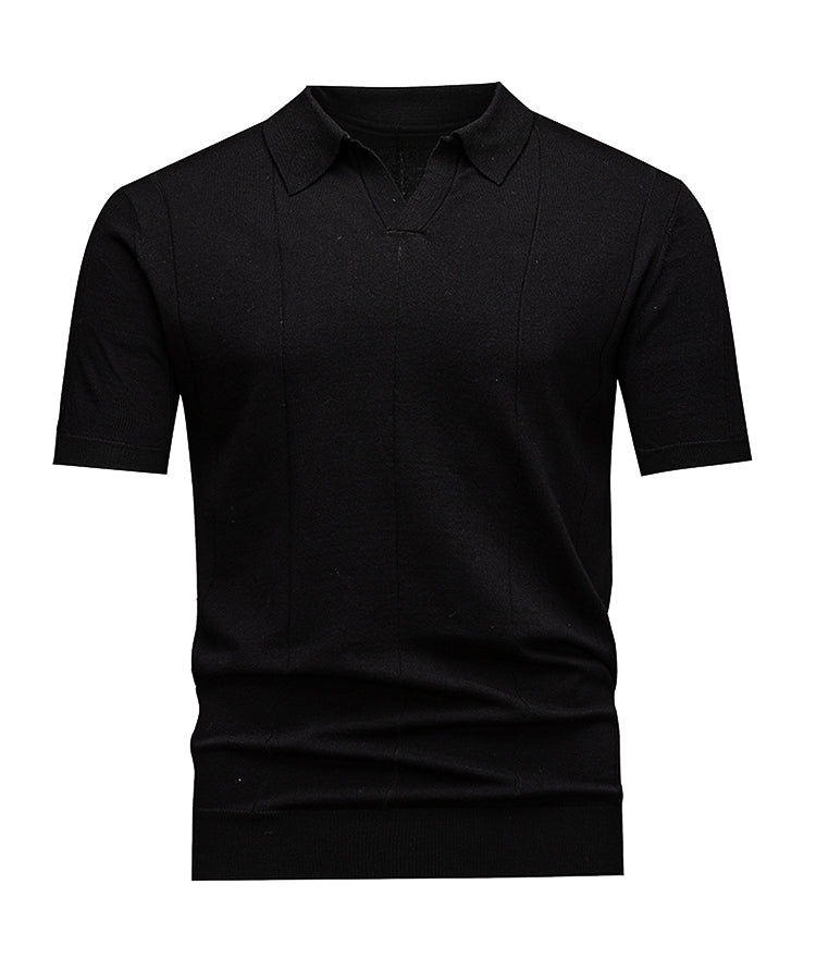 Men's Johnny Collar Knit Polo, Dark Grey Vertical Jacquard Stripes, Casual Office Wear