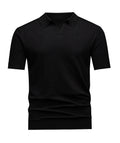 Men's Johnny Collar Knit Polo, Dark Grey Vertical Jacquard Stripes, Casual Office Wear