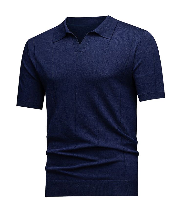 Men's Johnny Collar Knit Polo, Dark Grey Vertical Jacquard Stripes, Casual Office Wear