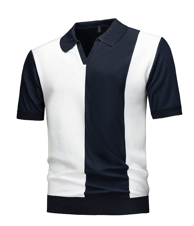 Men's Smart Casual Knit Polo, Navy & White Color Block Short Sleeve Johnny Collar Top