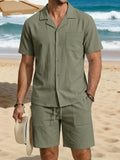 Men's Vacation Cotton-Linen Casual Loose-Fit Long-Sleeve Shirt And Beach Shorts Set