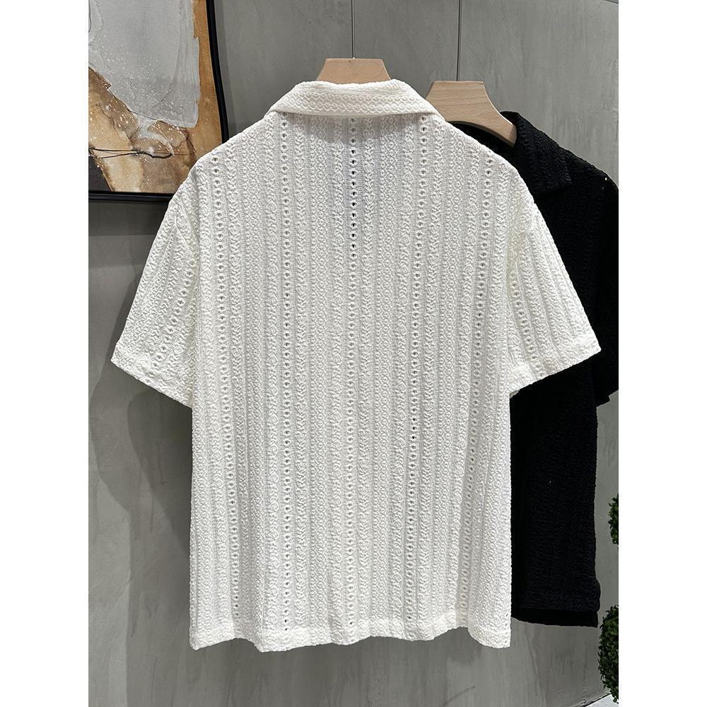 Men's Cool-Feel Cuban Collar Hollow-Out Short-Sleeve Shirt