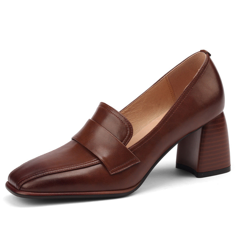 Retro Brown Chunky-Heel Pumps Women's Sheepskin