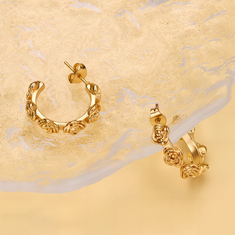 Fashionable Rose Flower Earrings Hoops For Women Niche Light Luxury
