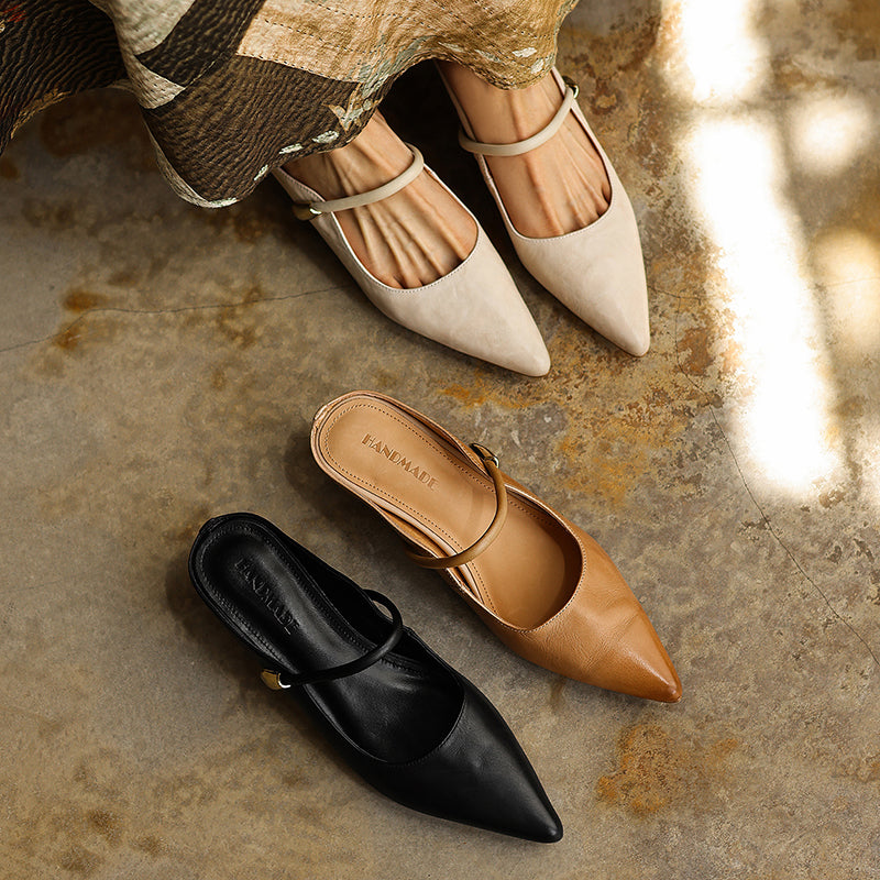Women's Washed Full Grain Leather Pointed Toe Mary Jane Mules, Low Block Heel Slide Sandals