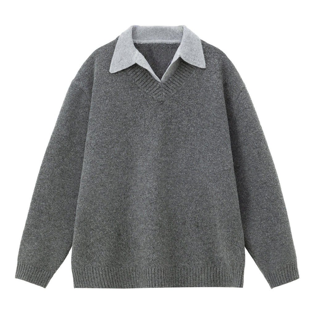 Old-money-style Faux Two-piece V-neck Polo Knit Sweater Jacket