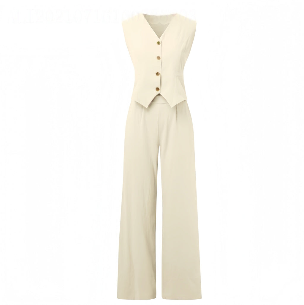 Summer Vest Suits V-neck Botton Sleeveless Top And Loose Straight Trousers Casual Womens Clothing