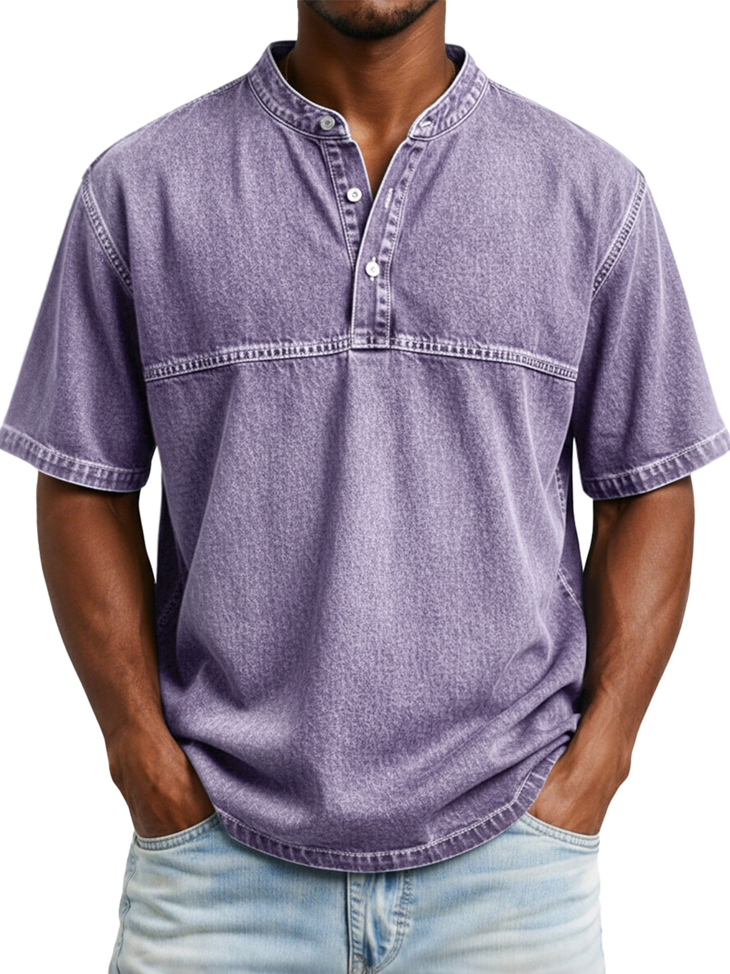 Straight-shoulder Crewneck Three-button Short-sleeve Henley Print Shirt