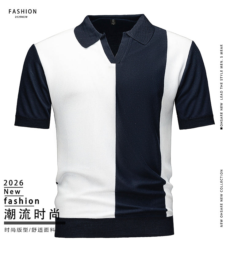 Men's Smart Casual Knit Polo, Navy & White Color Block Short Sleeve Johnny Collar Top