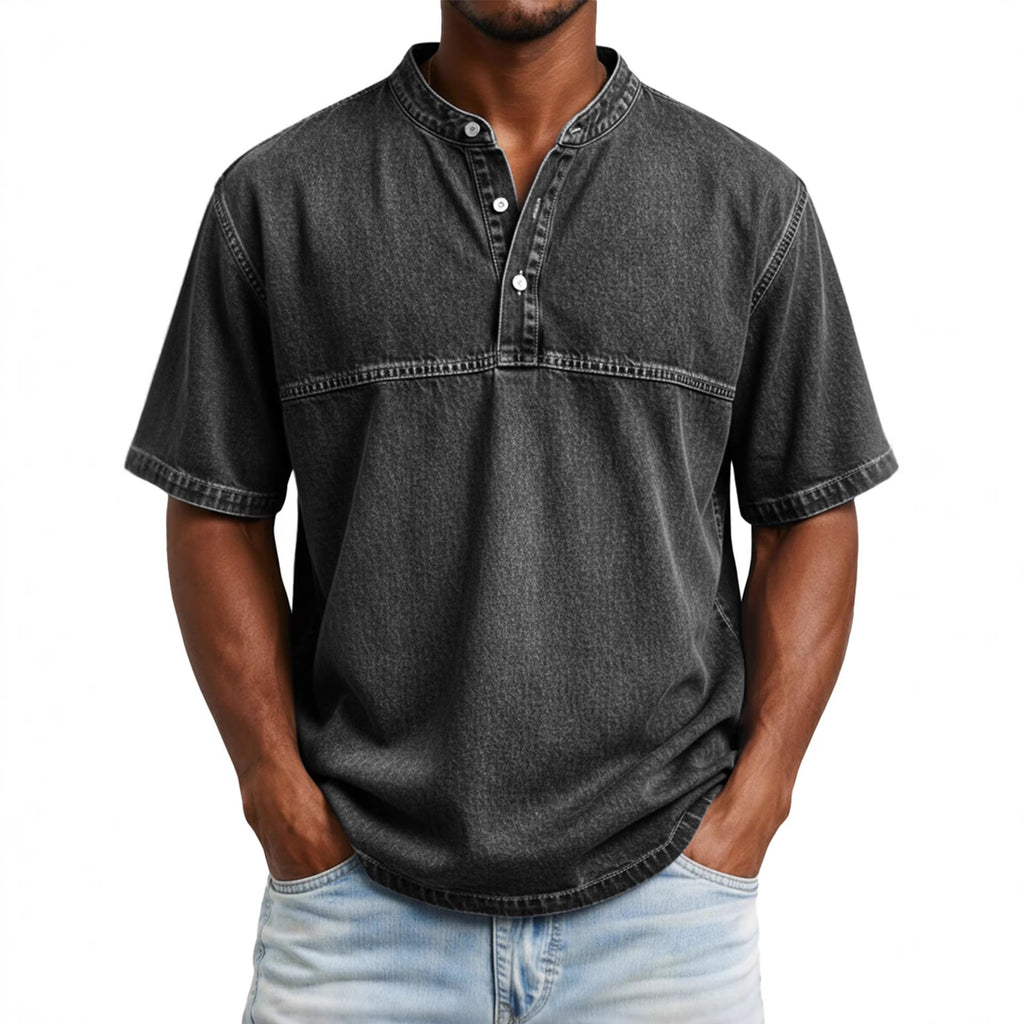 Straight-shoulder Crewneck Three-button Short-sleeve Henley Print Shirt