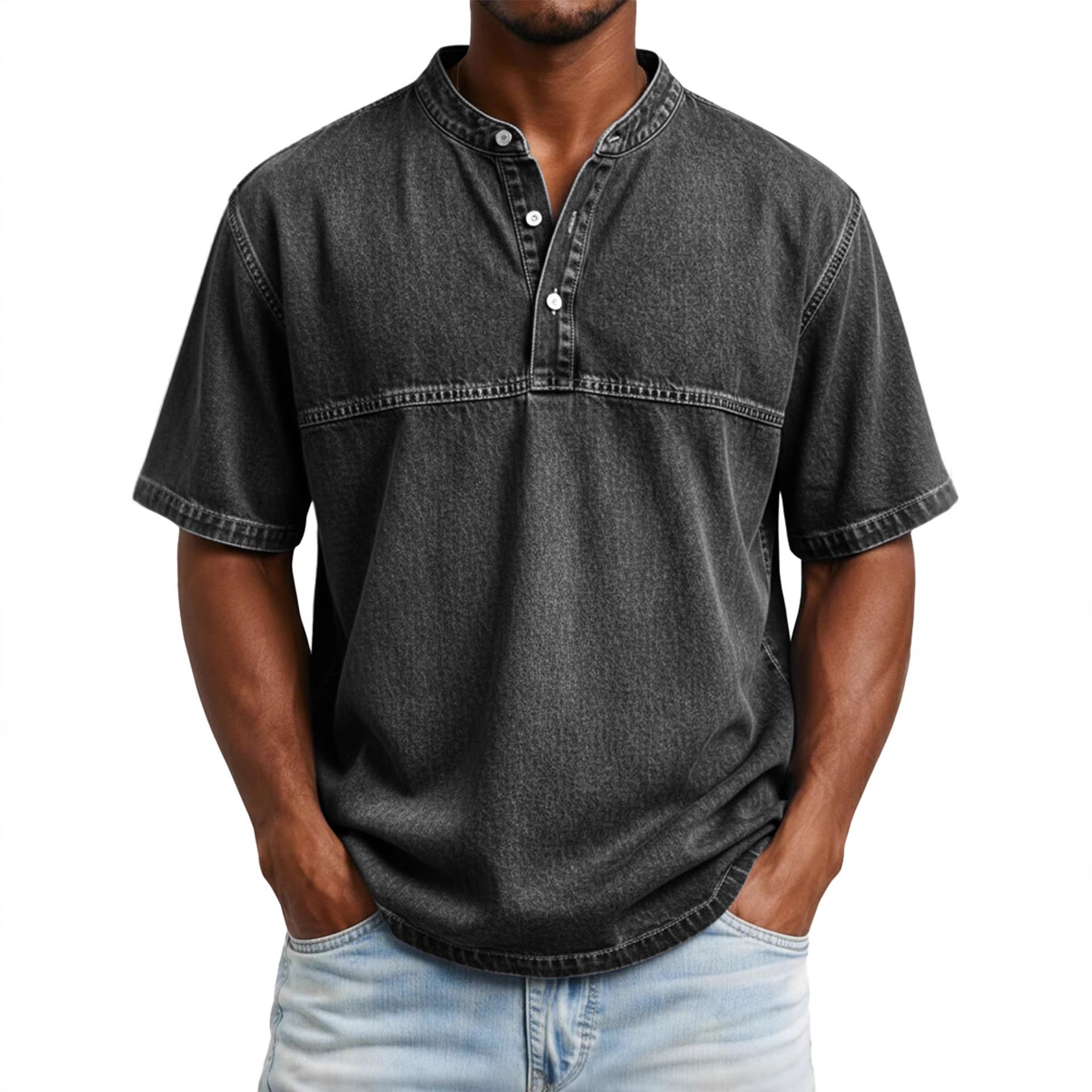 Straight-shoulder Crewneck Three-button Short-sleeve Henley Print Shirt