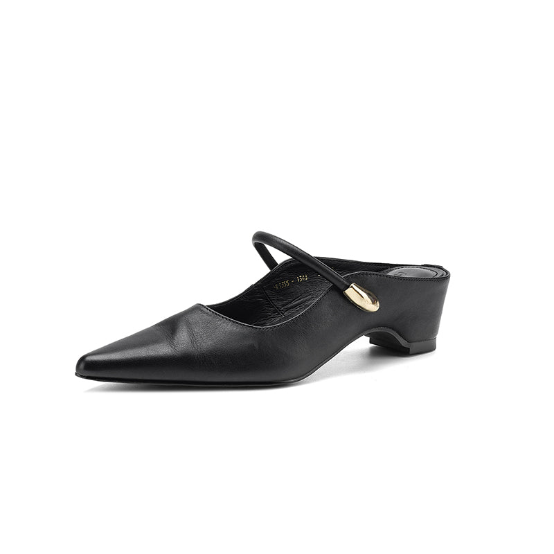 Women's Washed Full Grain Leather Pointed Toe Mary Jane Mules, Low Block Heel Slide Sandals