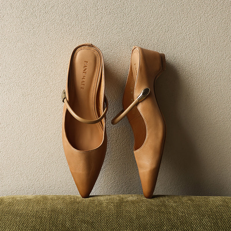 Women's Washed Full Grain Leather Pointed Toe Mary Jane Mules, Low Block Heel Slide Sandals