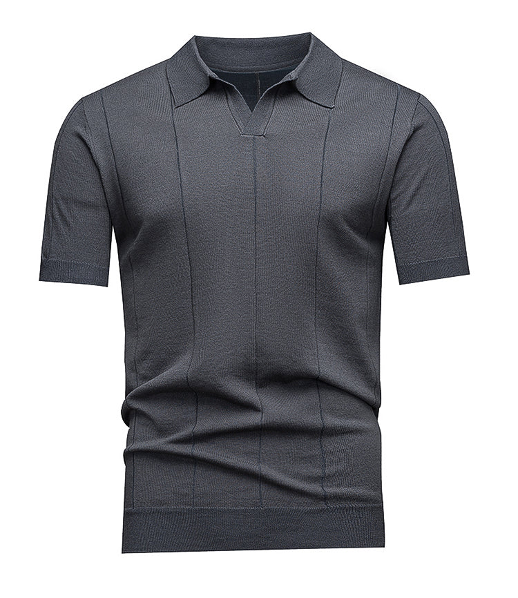 Men's Johnny Collar Knit Polo, Dark Grey Vertical Jacquard Stripes, Casual Office Wear