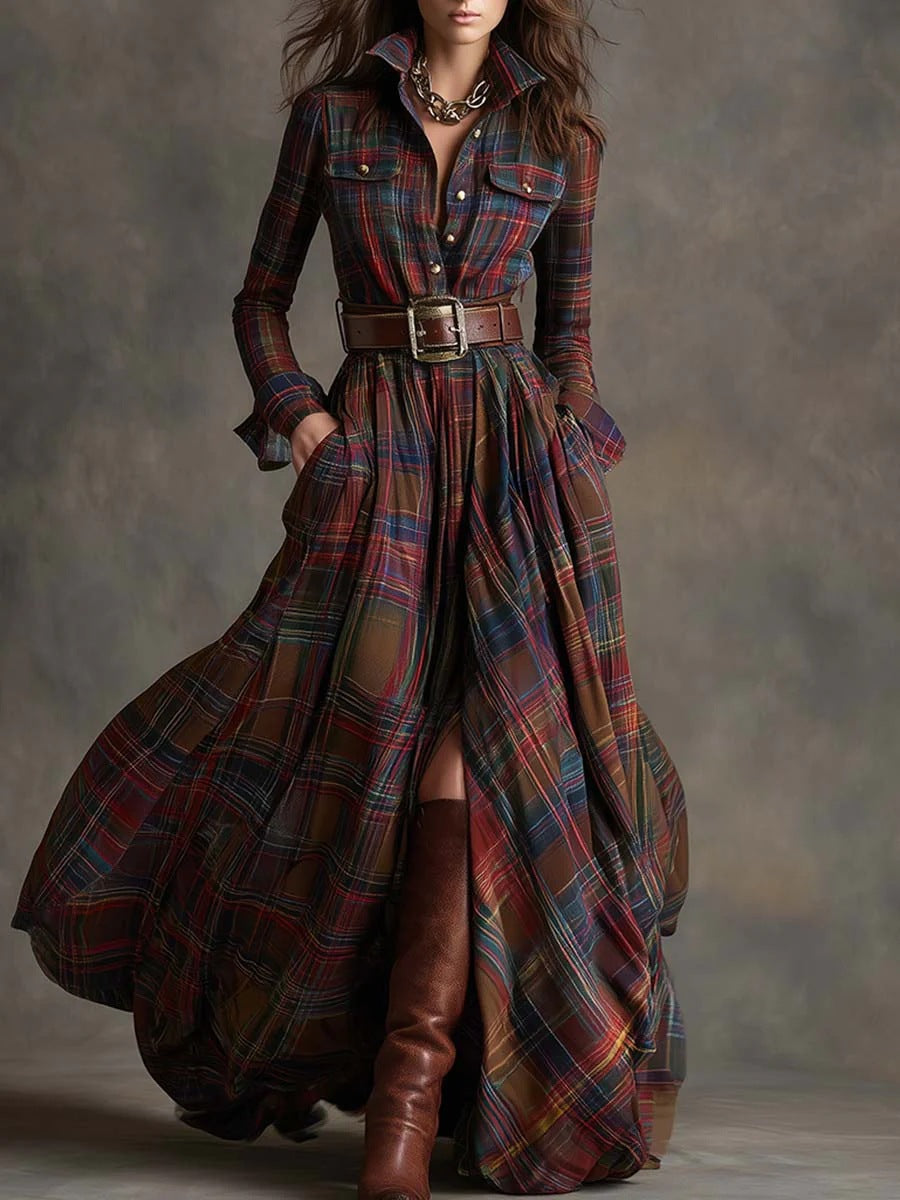 French Vintage Plaid Women Dress