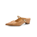 Women's Washed Full Grain Leather Pointed Toe Mary Jane Mules, Low Block Heel Slide Sandals
