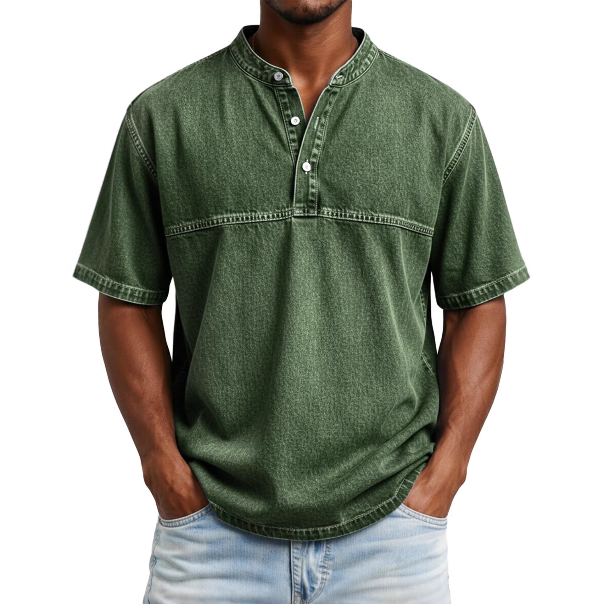 Straight-shoulder Crewneck Three-button Short-sleeve Henley Print Shirt