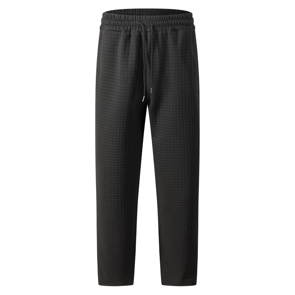 Solid-color Checkered Drawstring Mens Straight-leg Casual Trousers