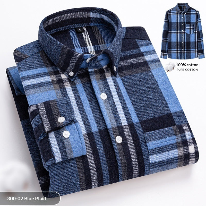 New Fuzzy-Brushed Plaid Mens Shirt Thickened Long-Sleeve Top