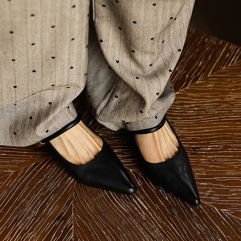 Women's Washed Full Grain Leather Pointed Toe Mary Jane Mules, Low Block Heel Slide Sandals