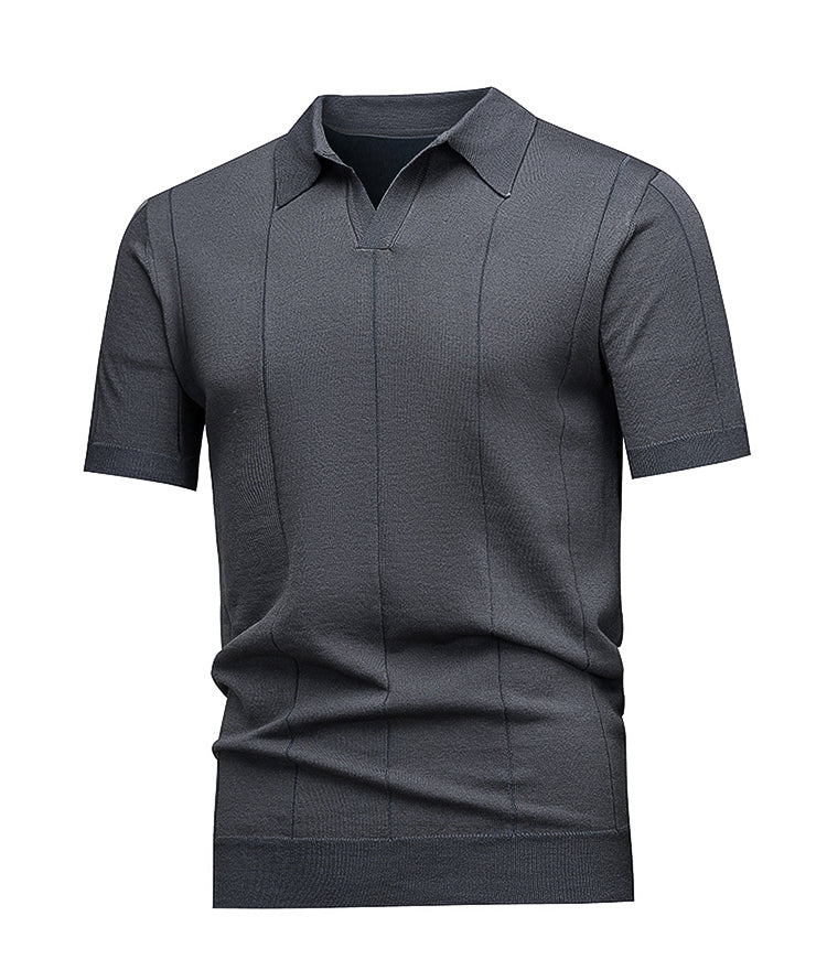 Men's Johnny Collar Knit Polo, Dark Grey Vertical Jacquard Stripes, Casual Office Wear