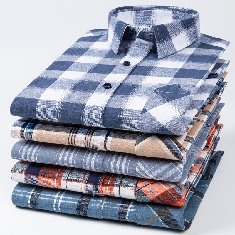 Spring New Mens Casual Fashionable Pure Cotton Brushed Flannel Plaid Long-Sleeve Shirt