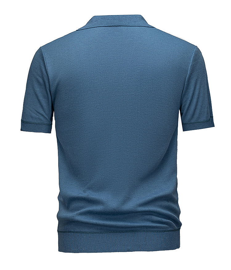 Men's Smart Casual Knit Polo, Navy & White Color Block Short Sleeve Johnny Collar Top