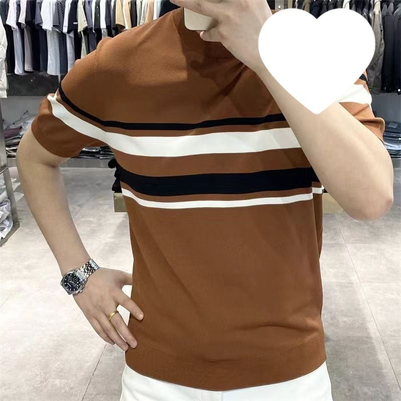 High-end Striped Printed Mens Short-sleeve Shirt