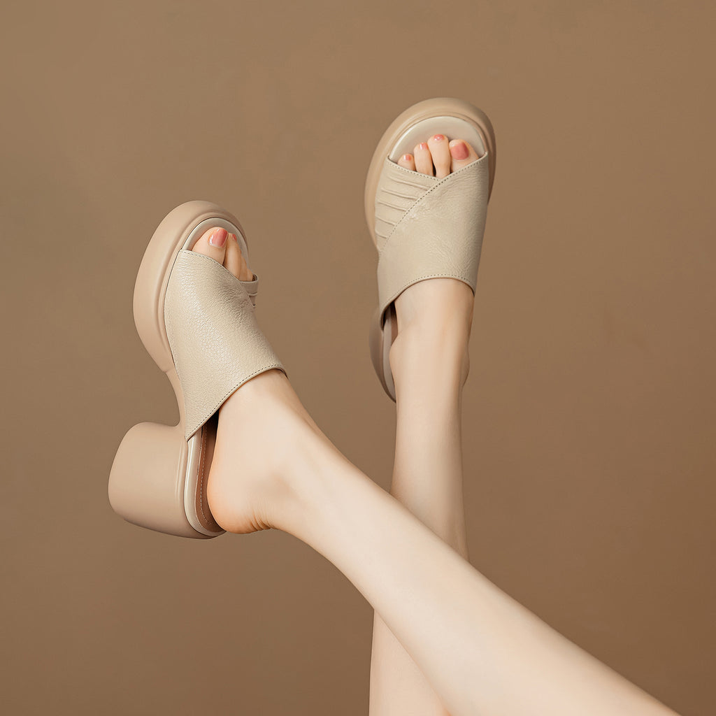 Soft Genuine Lambskin Ruched Block Heel Slides, Ladies Open-Toe Leather Mules