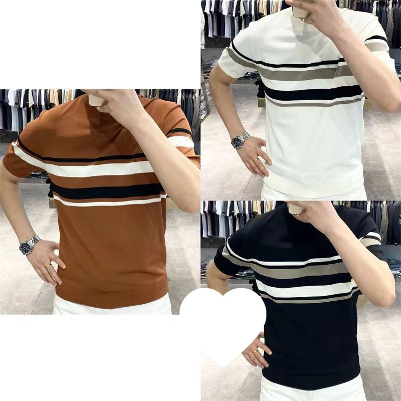High-end Striped Printed Mens Short-sleeve Shirt