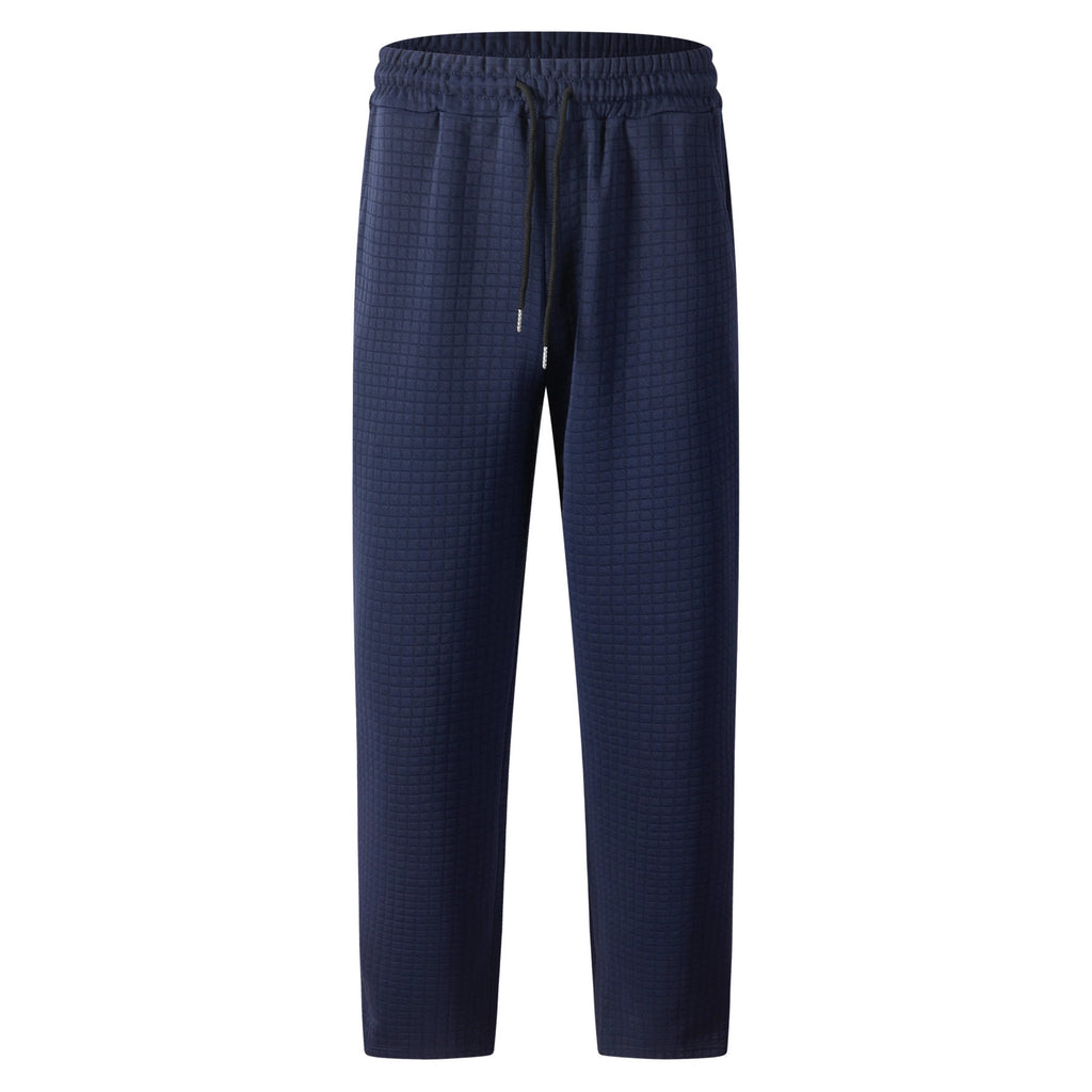 Solid-color Checkered Drawstring Mens Straight-leg Casual Trousers