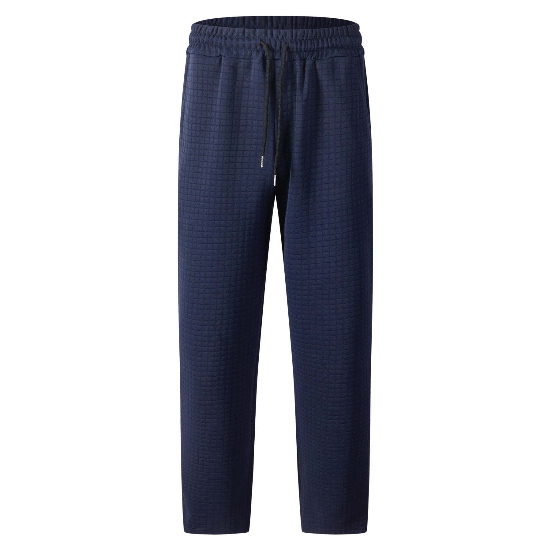 Solid-color Checkered Drawstring Mens Straight-leg Casual Trousers