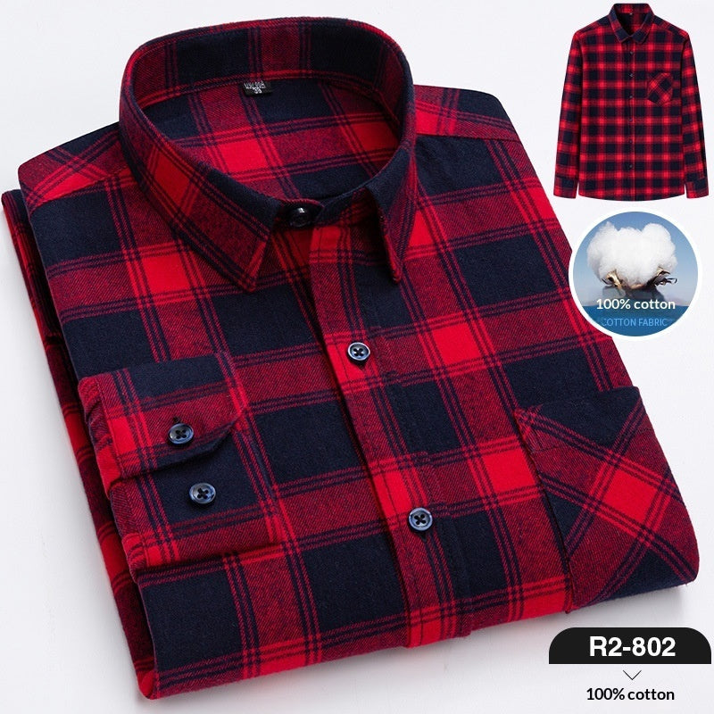 Spring New Mens Casual Fashionable Pure Cotton Brushed Flannel Plaid Long-Sleeve Shirt