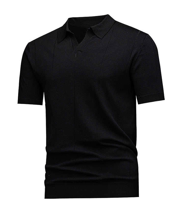 Men's Johnny Collar Knit Polo, Dark Grey Vertical Jacquard Stripes, Casual Office Wear