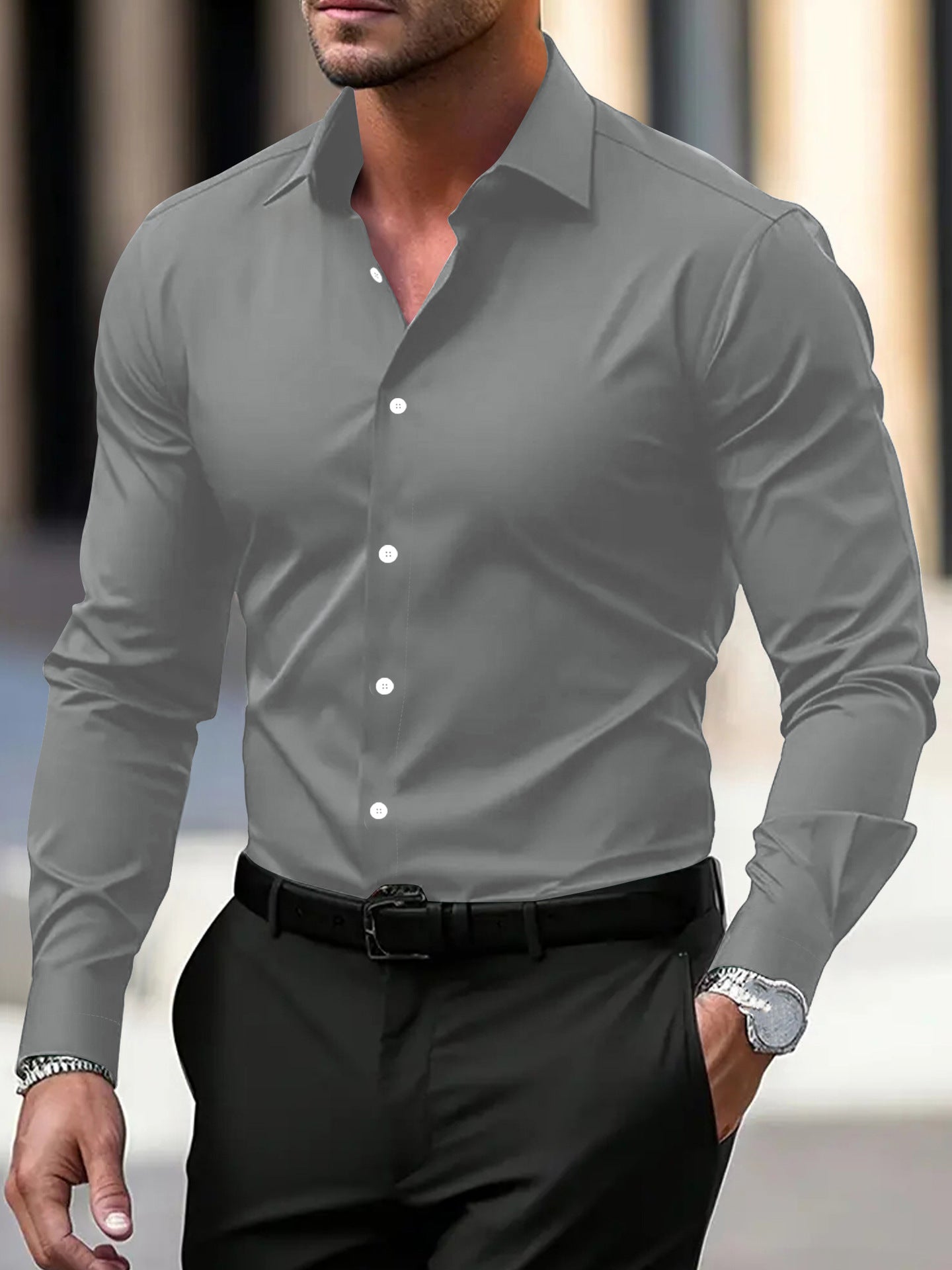 Men's Shirt Business Button Down Shirt Summer Solid Color Long Sleeve Lapel Vacation Shirt Fashion Temperament Casual Tops