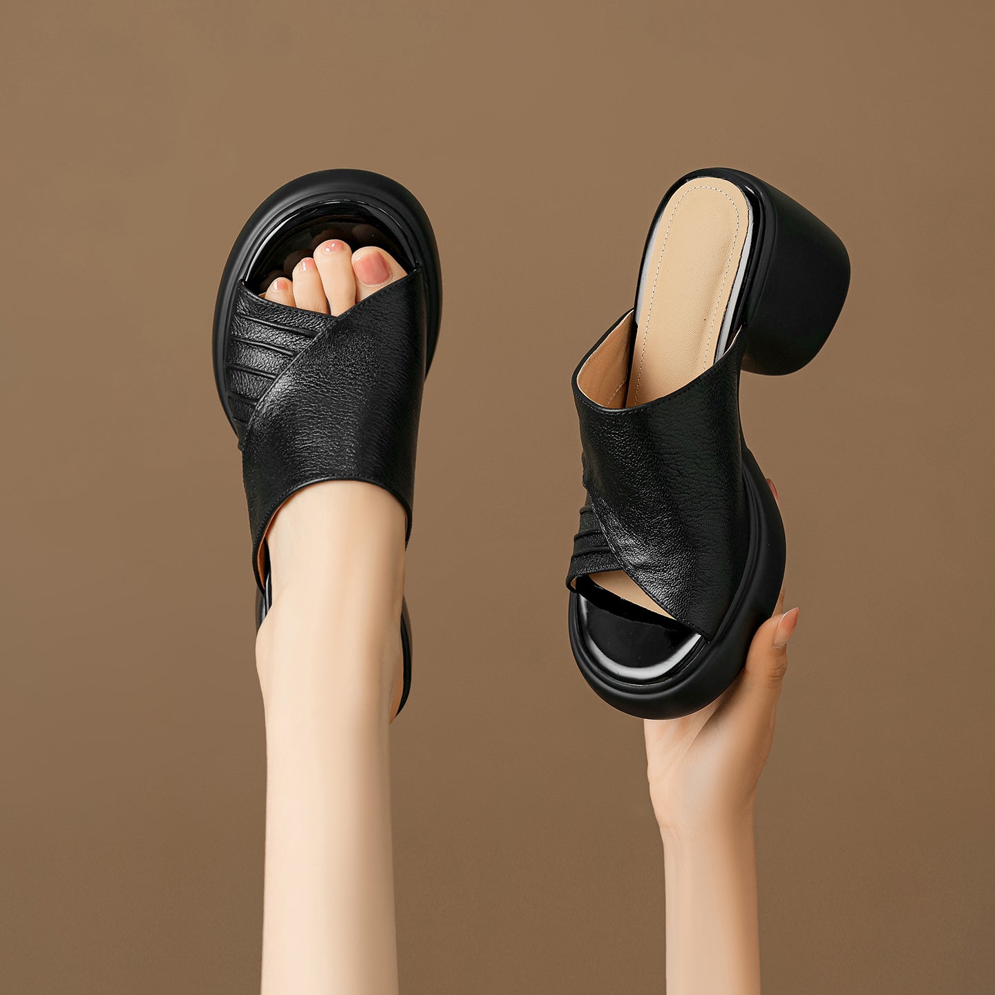 Soft Genuine Lambskin Ruched Block Heel Slides, Ladies Open-Toe Leather Mules