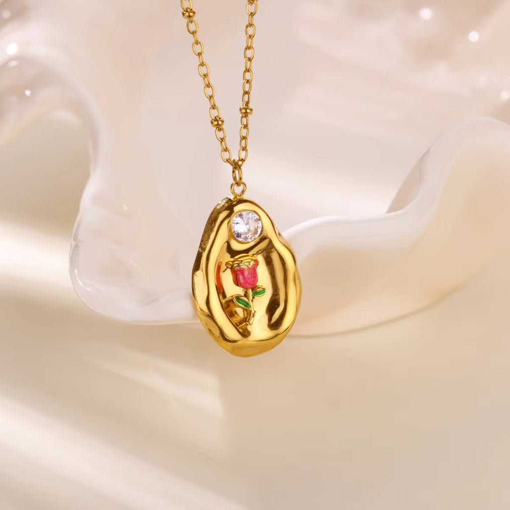 Retro Zircon-Inlaid Oil-Drip Pattern 18K Gold-Plated Choker Necklace