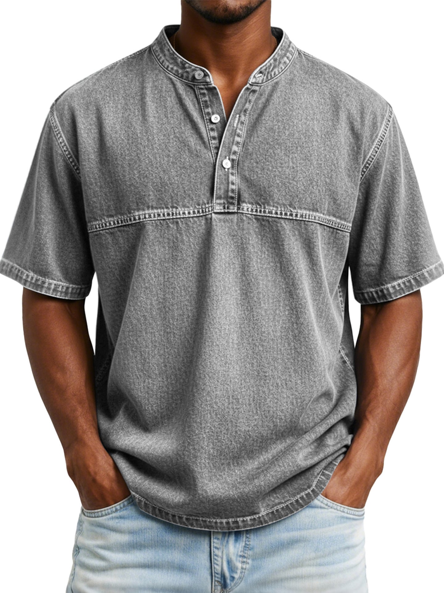 Straight-shoulder Crewneck Three-button Short-sleeve Henley Print Shirt