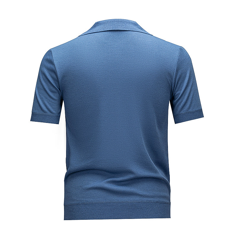 Men's Blue & White Vertical Striped Knit Polo Shirt, Short Sleeve Casual Top